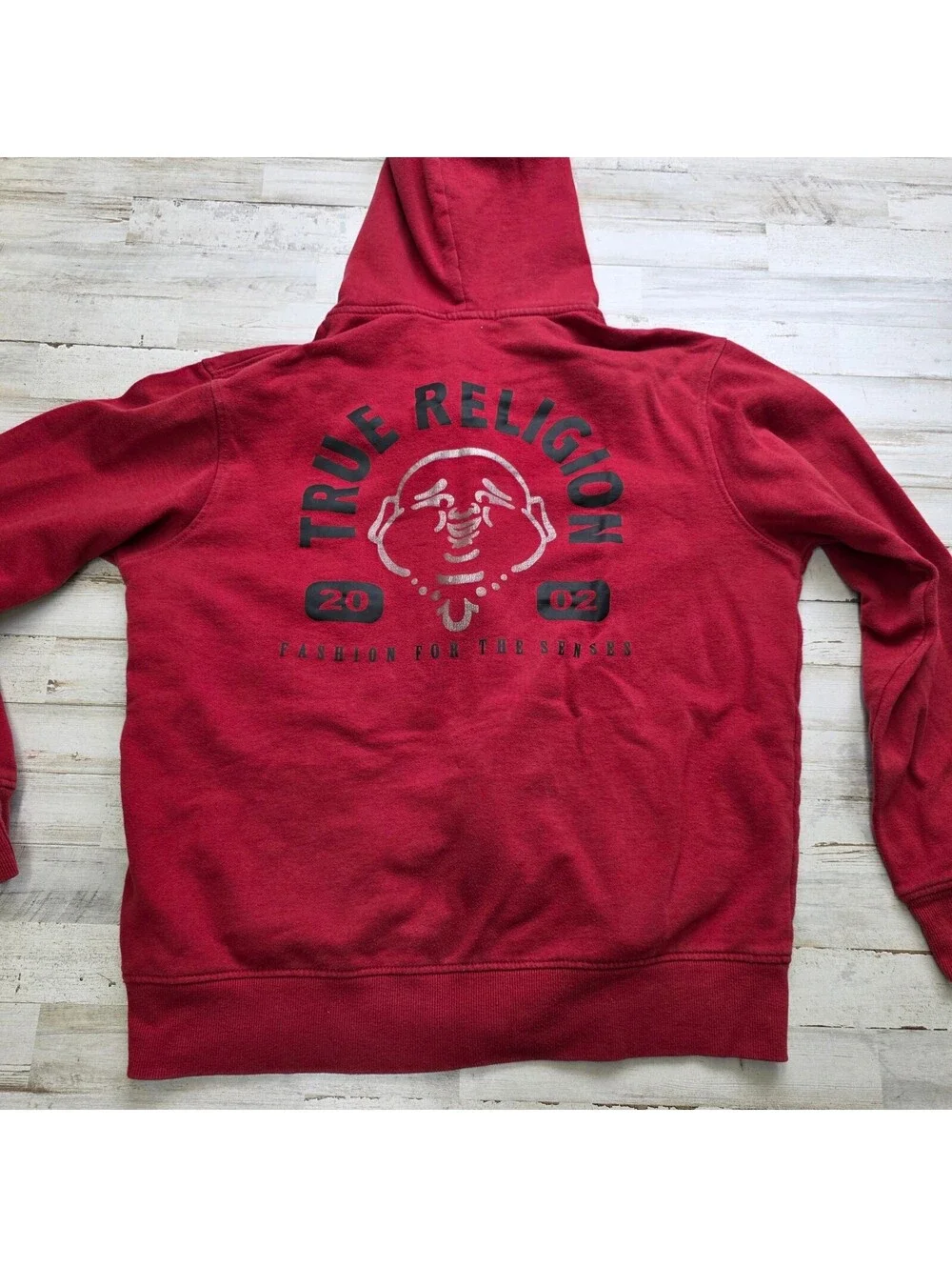 True Religion Hoodie L Red Full Zip Sweatshirt Logo Graphic Front Back Cotton